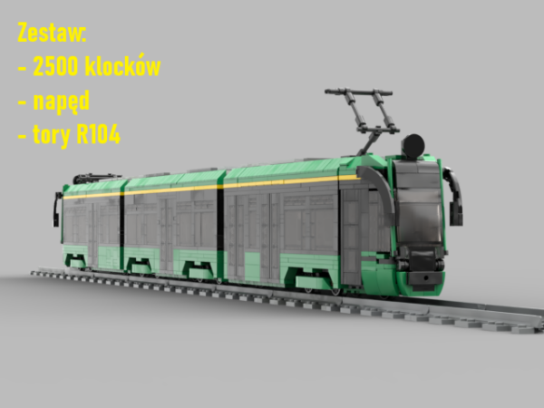 Moderus Gamma LF 04 AC BD MPK Poznań – model tramwaju z klocków kompatybilnych (88 cm, napęd)